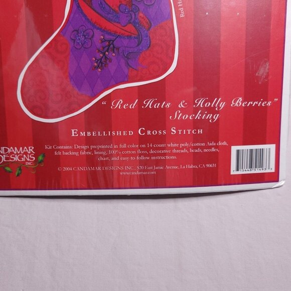 Red Hat Society Embellished Cross Stitch Kit "Red Hats & Holly Berries" Stocking - Picture 2 of 5